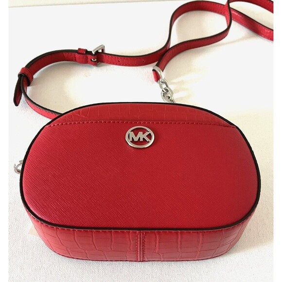 New Michael Kors Jet Set Glam Croc Small Oval Crossbody Bag Bright Red - Picture 2 of 5
